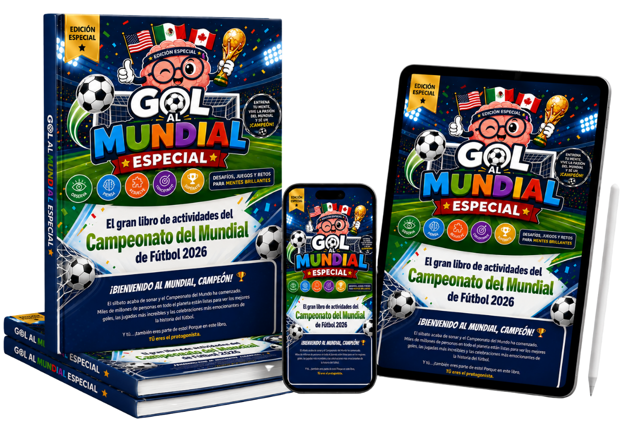Mockup del libro Gol al Mundial en formato físico, tablet y móvil